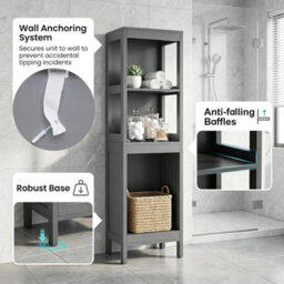 Bathroom Floor Cabinet Tall Storage Organizer Grey Wooden With 2 Drawers - thumbnail 3