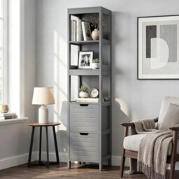 Bathroom Floor Cabinet Tall Storage Organizer Grey Wooden With 2 Drawers - thumbnail 6