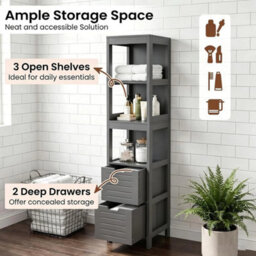Bathroom Floor Cabinet Tall Storage Organizer Grey Wooden With 2 Drawers - thumbnail 5