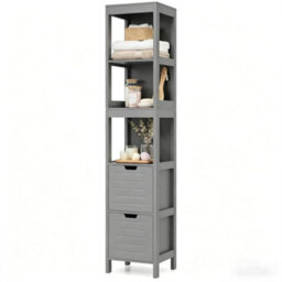 Bathroom Floor Cabinet Tall Storage Organizer Grey Wooden With 2 Drawers - thumbnail 1