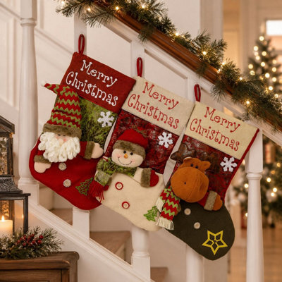 CLEFFNS 3Pcs Large Christmas Stocking 18 Inch Classic Santa Claus, Snowman, Reindeer Fireplace Decoration, Christmas Party Candy Gift Bag - image 1