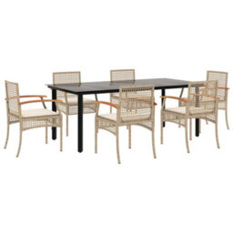 Berkfield 7 Piece Garden Dining Set With Cushions Beige Poly Rattan - thumbnail 2