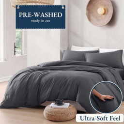 Bedlooms Grey Plain Dyed Duvet Cover Complete Bedding Set, Breathable & Anti-Allergic Microfiber, Super King 260X220Cm - thumbnail 2