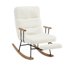 Matteo White Boucle Fabric Rocking Chair With Adjustable Recline & Footrest, Metal Legs & Wood Base - thumbnail 7