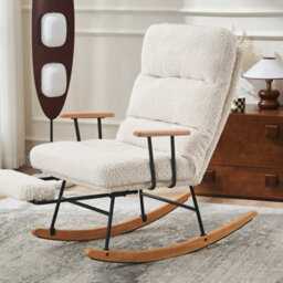 Matteo White Boucle Fabric Rocking Chair With Adjustable Recline & Footrest, Metal Legs & Wood Base