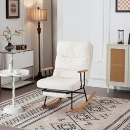 Matteo White Boucle Fabric Rocking Chair With Adjustable Recline & Footrest, Metal Legs & Wood Base - thumbnail 4