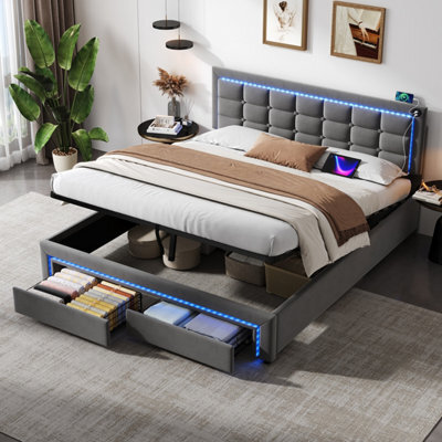 Btm 5Ft King Velvet Bed With Hydraulic   Drawer Storage, Led Tufted Headboard With Charging Station, Grey - image 1