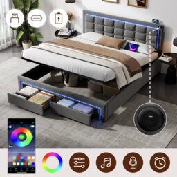 Btm 5Ft King Velvet Bed With Hydraulic   Drawer Storage, Led Tufted Headboard With Charging Station, Grey - thumbnail 2