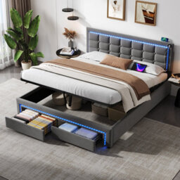Btm 5Ft King Velvet Bed With Hydraulic   Drawer Storage, Led Tufted Headboard With Charging Station, Grey - thumbnail 1