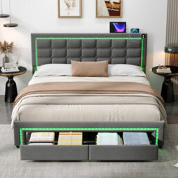 Btm 5Ft King Velvet Bed With Hydraulic   Drawer Storage, Led Tufted Headboard With Charging Station, Grey - thumbnail 5