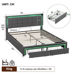 Btm 5Ft King Velvet Bed With Hydraulic   Drawer Storage, Led Tufted Headboard With Charging Station, Grey - thumbnail 9