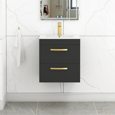 Royal Bathrooms Turin 500mm Wall Hung Vanity Unit Matt Black 2 Drawer Minimalist Basin With Brushed Brass Handles - image 1