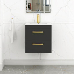 Royal Bathrooms Turin 500mm Wall Hung Vanity Unit Matt Black 2 Drawer Minimalist Basin With Brushed Brass Handles - thumbnail 1