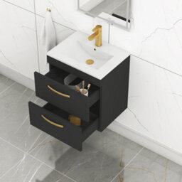 Royal Bathrooms Turin 500mm Wall Hung Vanity Unit Matt Black 2 Drawer Minimalist Basin With Brushed Brass Handles - thumbnail 5