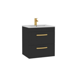 Royal Bathrooms Turin 500mm Wall Hung Vanity Unit Matt Black 2 Drawer Minimalist Basin With Brushed Brass Handles - thumbnail 6