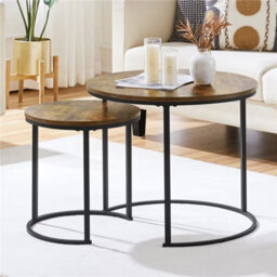 2-Piece Round Nesting Coffee & Side Tables - Industrial Wood Effect With Black Metal Frame - thumbnail 3