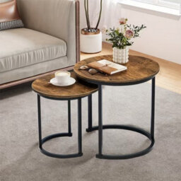 2-Piece Round Nesting Coffee & Side Tables - Industrial Wood Effect With Black Metal Frame - thumbnail 4