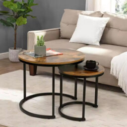 2-Piece Round Nesting Coffee & Side Tables - Industrial Wood Effect With Black Metal Frame - thumbnail 6