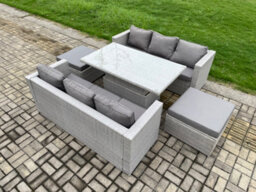 Fimous Pe Rattan Garden Funiture Set Height Adjustable Rising Lifting Table Sofa Dining Set With 2 Big Footstools - thumbnail 2