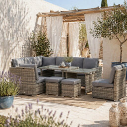 Wyld Haus Rokane Rattan Grey 10-Seater Garden Sofa Set With Extending Dining Table - thumbnail 1