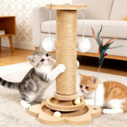 Cat Scratch Post For Indoor Cats 50Cm Pine Wood And Sisal Cat Scratcher With Interactive Balls Feather Teaser Platforms - thumbnail 4
