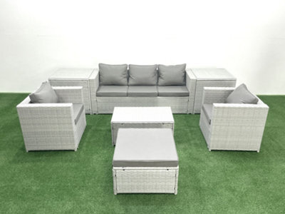 Fimous Rattan Garden Furniture Set 3 Seater Sofa 2 Chair Rectangular Coffee Table Big Stool 2 Side Tables Light Grey - image 1