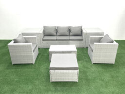 Fimous Rattan Garden Furniture Set 3 Seater Sofa 2 Chair Rectangular Coffee Table Big Stool 2 Side Tables Light Grey - thumbnail 2