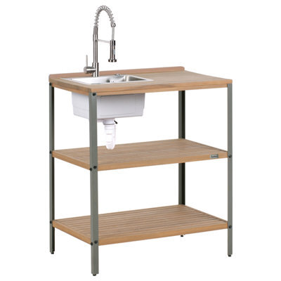 Beliani Outdoor Kitchen Island With Sink Ivrea Certified Acacia Wood Brown/ Silver - image 1