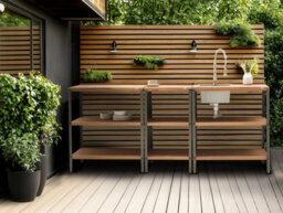 Beliani Outdoor Kitchen Island With Sink Ivrea Certified Acacia Wood Brown/ Silver - thumbnail 2