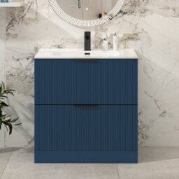 Royal Bathrooms Evora 800mm Midnight Blue Fluted Floor Standing Bathroom Vanity Unit 2 Drawer Cabinet With Ceramic Basin & Matt Black Handles - thumbnail 1