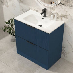 Royal Bathrooms Evora 800mm Midnight Blue Fluted Floor Standing Bathroom Vanity Unit 2 Drawer Cabinet With Ceramic Basin & Matt Black Handles - thumbnail 4