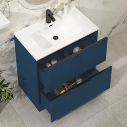 Royal Bathrooms Evora 800mm Midnight Blue Fluted Floor Standing Bathroom Vanity Unit 2 Drawer Cabinet With Ceramic Basin & Matt Black Handles - thumbnail 3