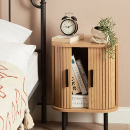 Beliani Nightstand Bedside Table 40X30Cm Retro Sliding Cabinet - Oak Effect Matt Finish - thumbnail 1