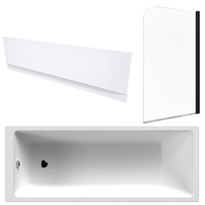 FNX Bathrooms White 1700 X 700 mm Single-Ended Bath With Waterproof Front Panel & Curved Black-Profile Bath Screen - image 1