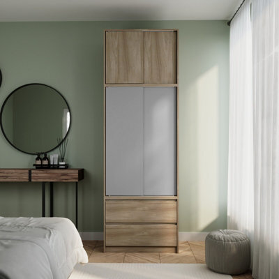 Urbn-Living Urbnliving 240Cm Height Oak Carcass With 2 Sliding Grey Doors Wardrobe Bedroom Storage Closet Hanging Rail Cupboard Unit - image 1