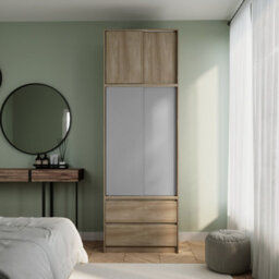 Urbn-Living Urbnliving 240Cm Height Oak Carcass With 2 Sliding Grey Doors Wardrobe Bedroom Storage Closet Hanging Rail Cupboard Unit - thumbnail 1
