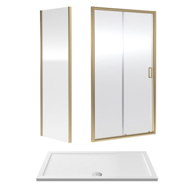 Balterley Ruwa 6mm Toughened Safety Glass Sliding Shower Door, Side Panel And Shower Tray - 1400 X 760 X 1900mm - Brushed Brass/white - image 1