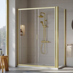 Balterley Ruwa 6mm Toughened Safety Glass Sliding Shower Door, Side Panel And Shower Tray - 1400 X 760 X 1900mm - Brushed Brass/white - thumbnail 3