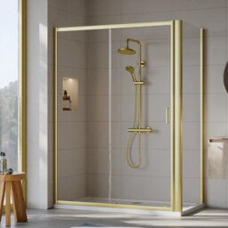 Balterley Ruwa 6mm Toughened Safety Glass Sliding Shower Door, Side Panel And Shower Tray - 1400 X 760 X 1900mm - Brushed Brass/white - thumbnail 2