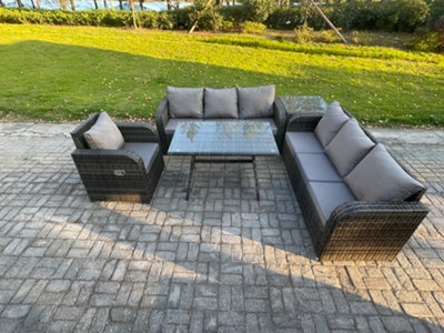Fimous Outdoor Lounge Sofa Set Wicker Pe Rattan Garden Furniture Set With Dining Table Reclining Chair Side Table Dark Grey Mixed - image 1