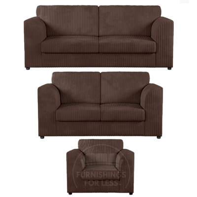 Furnishings For Less UK Luxor Jumbo Cord 3 + 2 + 1 Fabric 3 Piece Sofa Suite - Fullback Chocolate - image 1