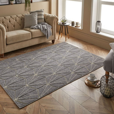 Modern Easy To Clean Geometric Optical 3D Grey Rug For Dining Room-80Cm X 150Cm - image 1