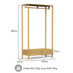 Vonhaus Clothes Rail For Bedroom, Scandi Style Natural Rattan 2 Drawer Organiser, Open Wardrobe Coat Stand, Living Room Storage - thumbnail 8