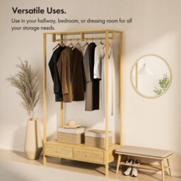 Vonhaus Clothes Rail For Bedroom, Scandi Style Natural Rattan 2 Drawer Organiser, Open Wardrobe Coat Stand, Living Room Storage - thumbnail 4
