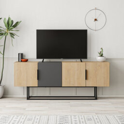 Decortie Tontini Modern Tv Unit Multimedia Centre Oak Anthracite Grey With Storage Tv Cabinet 140Cm