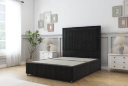 "Sloomy Pemberton Black Plush Divan Bed No Drawers-26"" Strutted Headboard 12"" Footboard 4'6 Double" - thumbnail 1