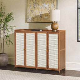 4 Doors Rattan Wooden Shoe Storage Cabinet Cupboard Footwear Stand Rack Unit - thumbnail 3
