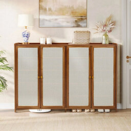 4 Doors Rattan Wooden Shoe Storage Cabinet Cupboard Footwear Stand Rack Unit - thumbnail 4