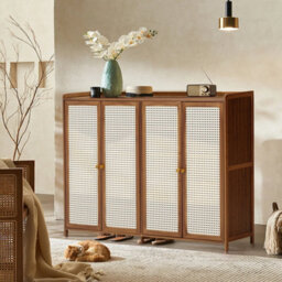 4 Doors Rattan Wooden Shoe Storage Cabinet Cupboard Footwear Stand Rack Unit - thumbnail 5