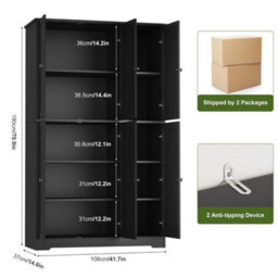 Black Kitchen Cupboard Tall Kitchen Cabinets With 6 Doors Pantry Cupboard 180X106X37Cm - thumbnail 2